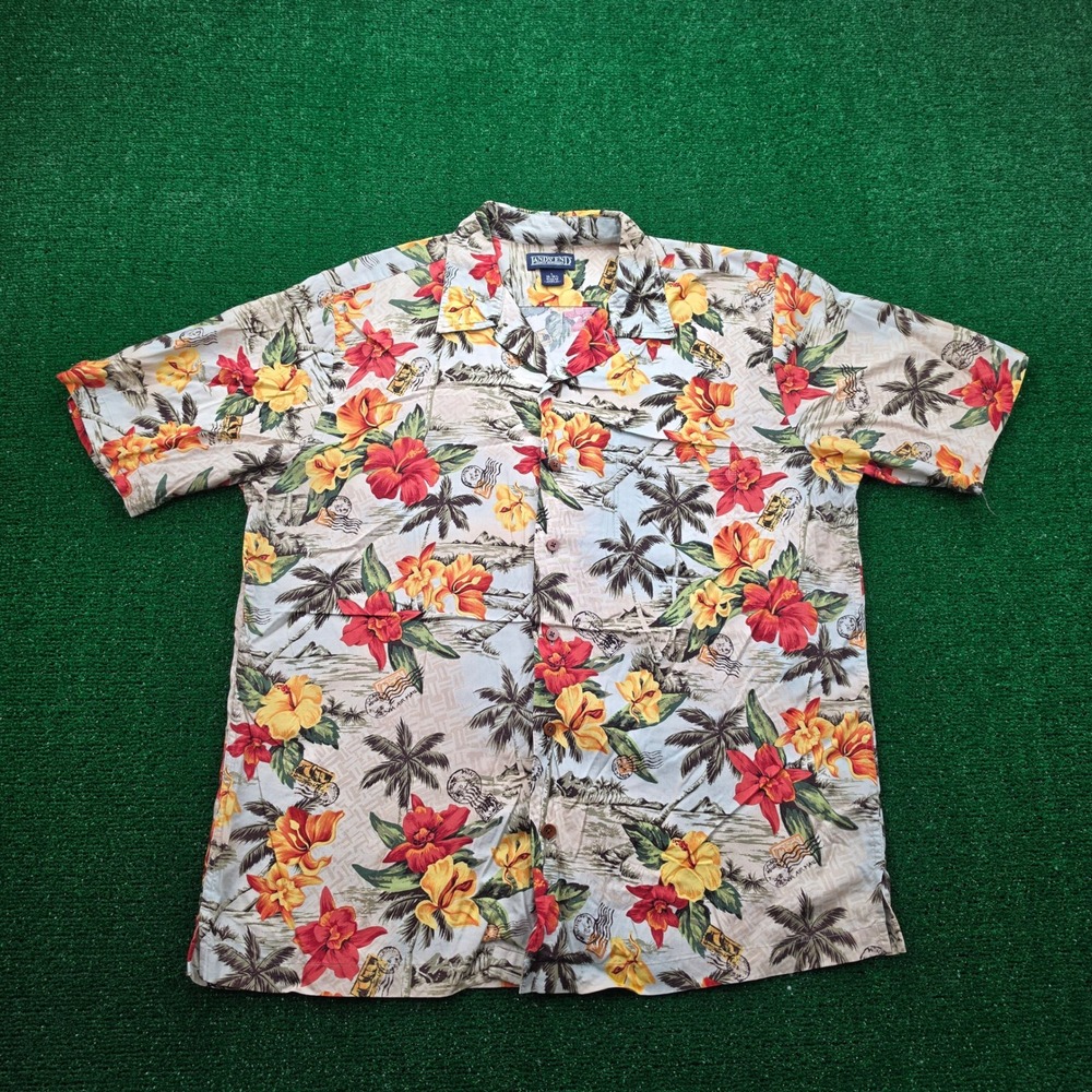 Vintage Lands End Hawaiian Shirt Mens Large 100% Rayon Tropical Hibiscus Aloha